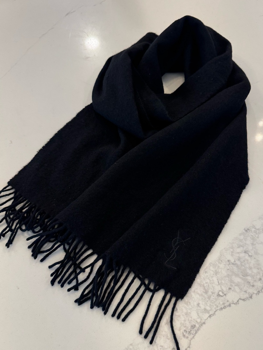 Vintage YSL Yves Saint Laurent Black 100% Pure Wool Fringe Scarf Made in Italy